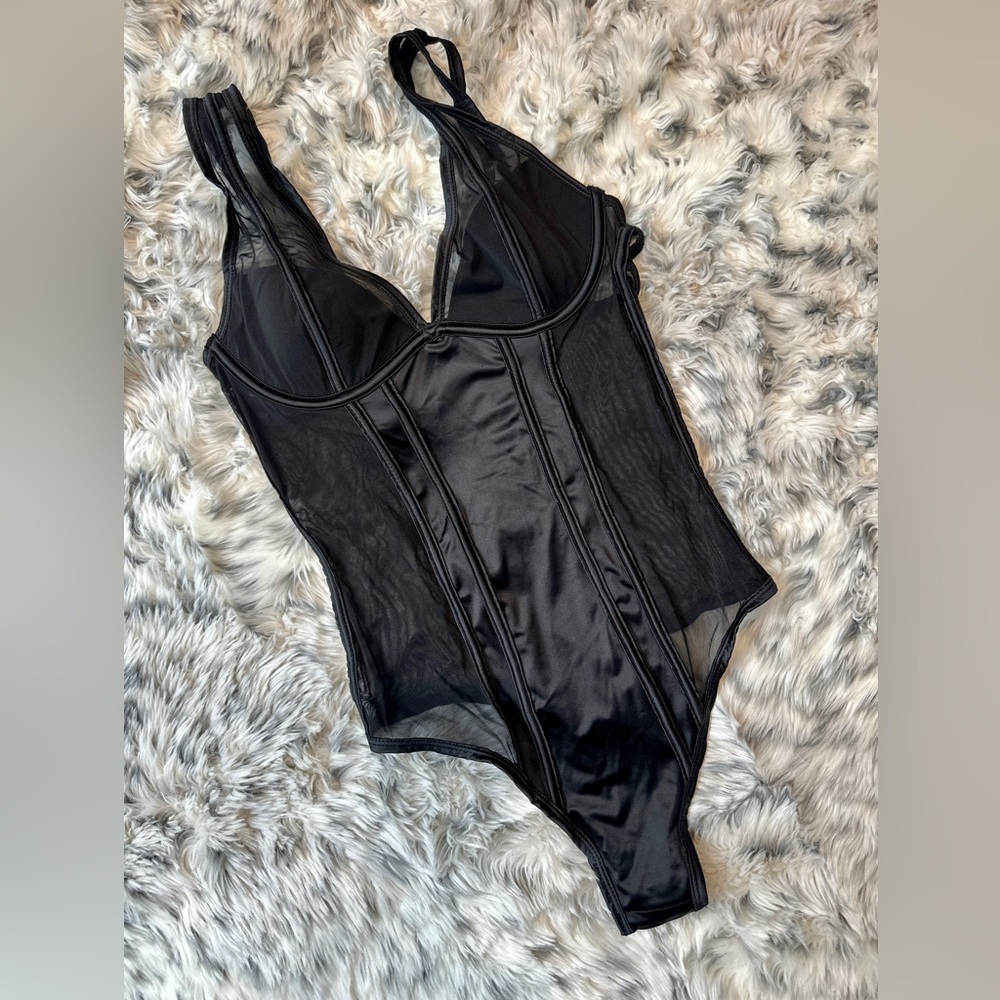 Black Sheer Bodysuit Stretch Satin Wirefree Built In Cup Pads Small NWOT Sexy